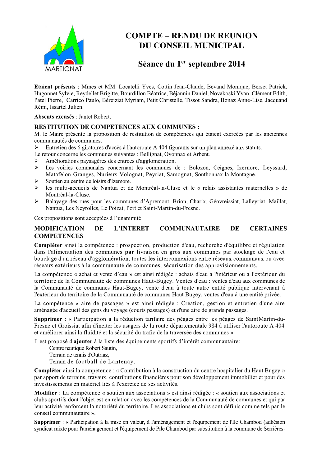 Rendu Du Conseil Municipal Du 21 Decembre 2001