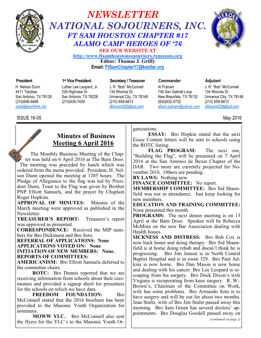 Newsletter National Sojourners, Inc. Ft Sam Houston Chapter #17 Alamo Camp Heroes Of