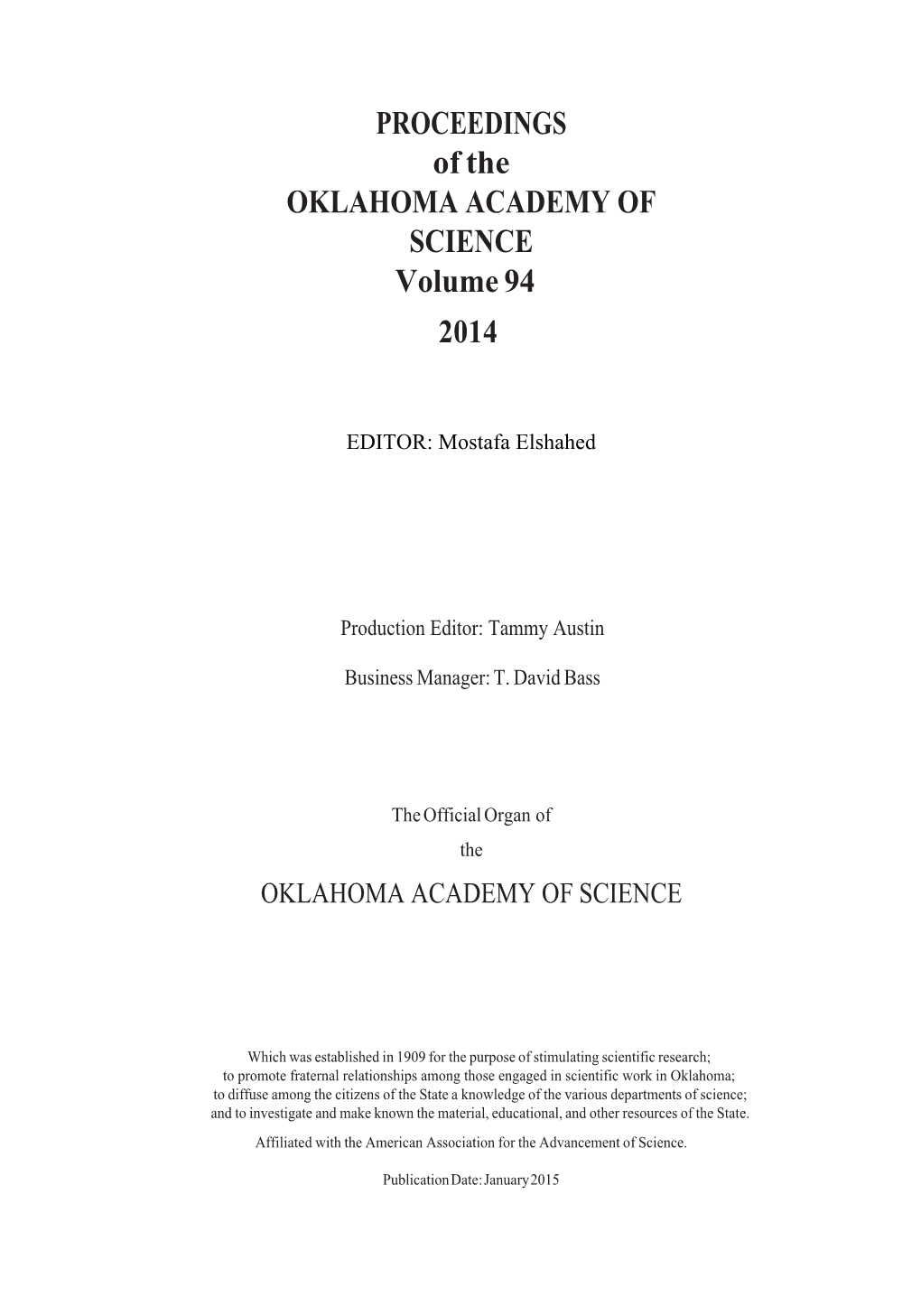 PROCEEDINGS of the OKLAHOMA ACADEMY of SCIENCE Volume 94 2014