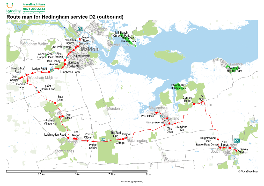 Route Map for Hedingham Service D2 (Outbound)