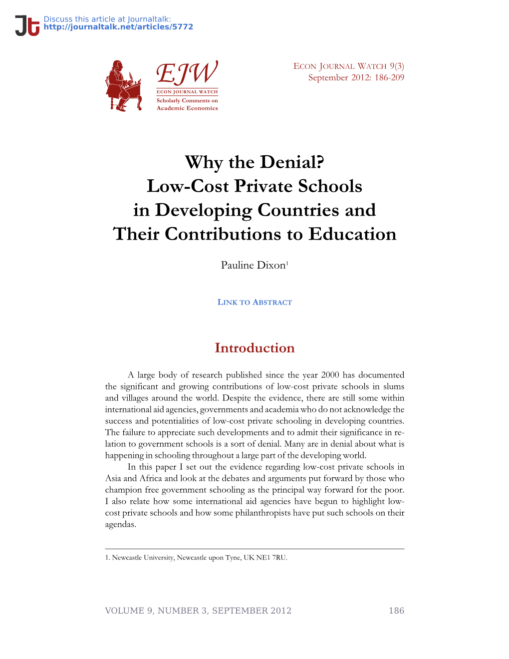 Why the Denial? Low-Cost Private Schools in Developing Countries and Their Contributions to Education · Econ Journal Watch