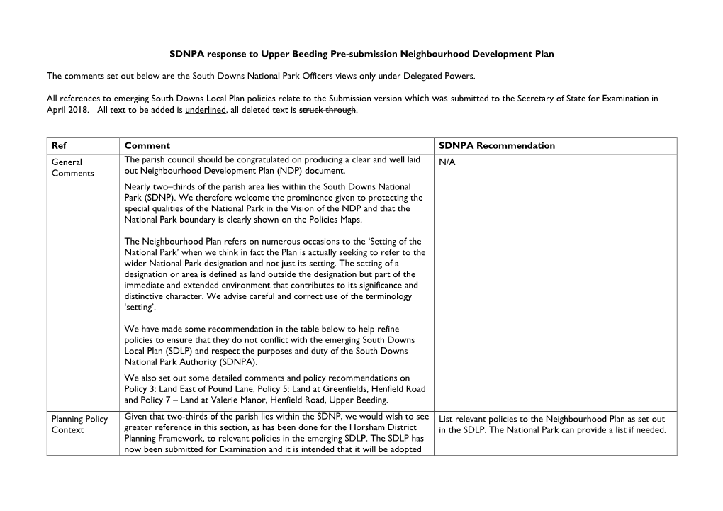 SDNPA Response to Upper Beeding Pre-Submission Neighbourhood Development Plan