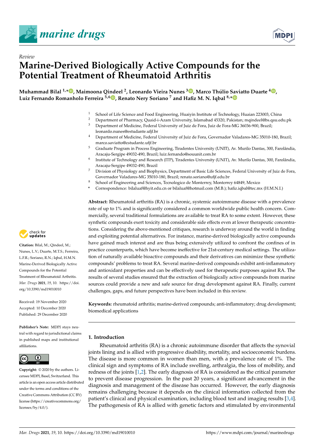 Marine-Derived Biologically Active Compounds for the Potential Treatment of Rheumatoid Arthritis