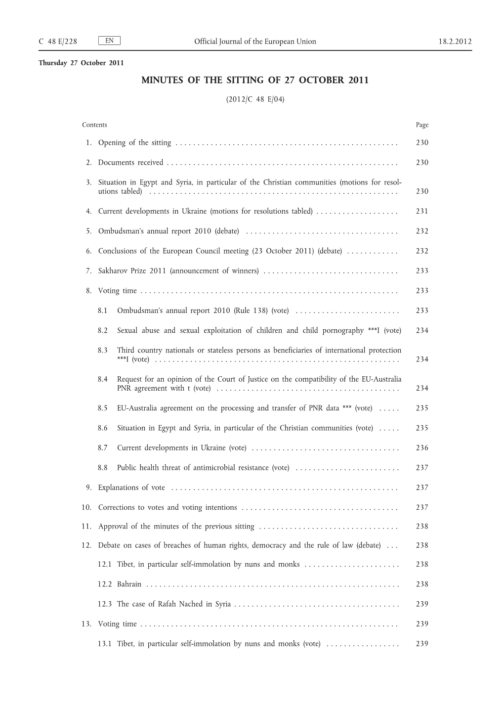 Minutes of the Sitting of 27 October 2011