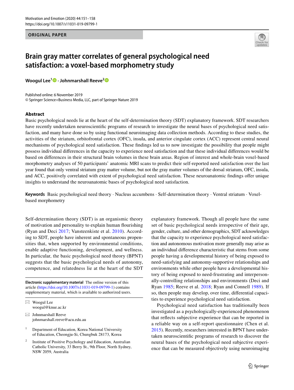 Brain Gray Matter Correlates of General Psychological Need Satisfaction: a Voxel‑Based Morphometry Study