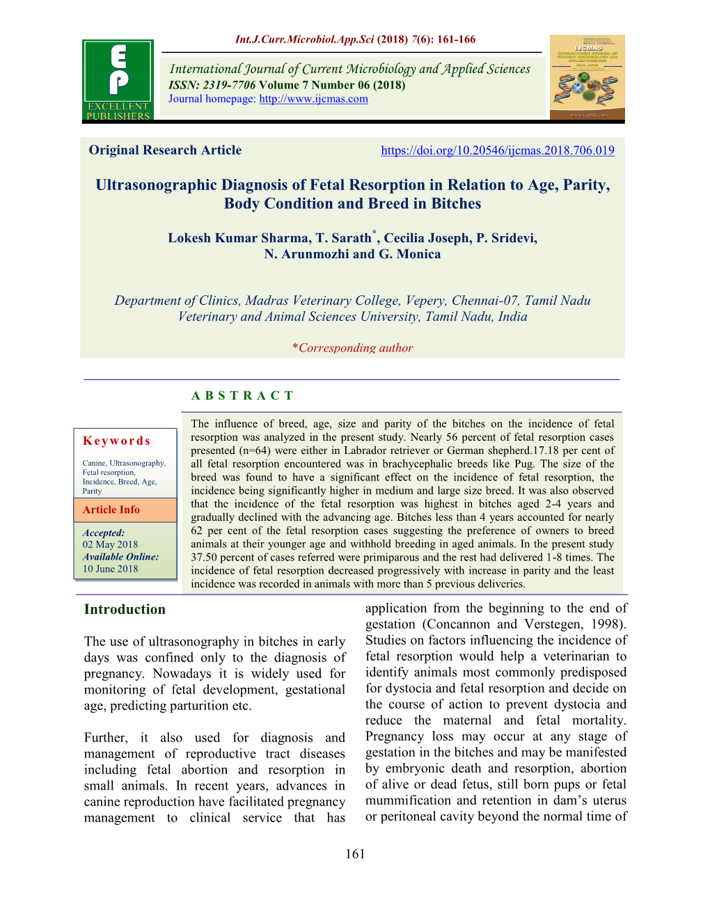 Ultrasonographic Diagnosis of Fetal Resorption in Relation to Age, Parity, Body Condition and Breed in Bitches