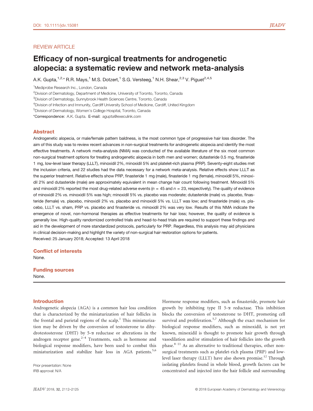 Efficacy of Non‐Surgical Treatments for Androgenetic Alopecia