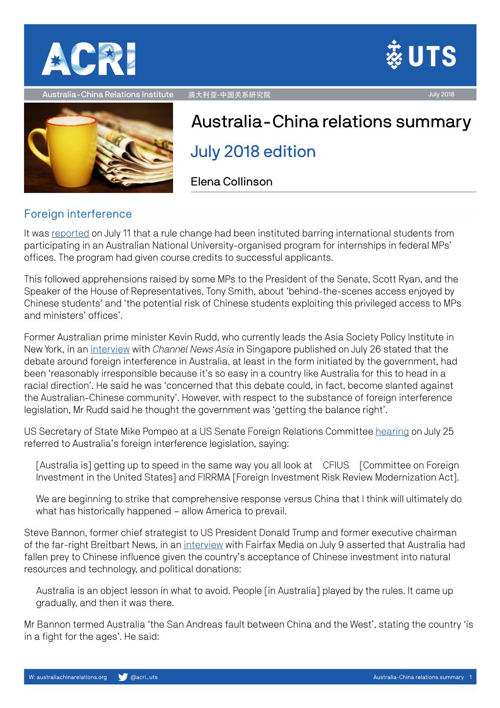 Australia-China Relations Summary July 2018 Edition