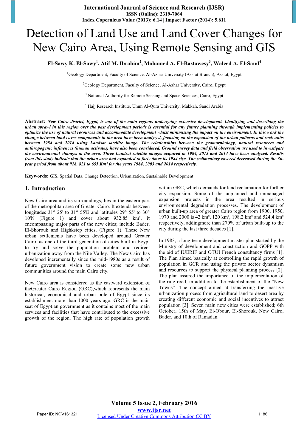 Detection of Land Use and Land Cover Changes for New Cairo Area, Using Remote Sensing and GIS