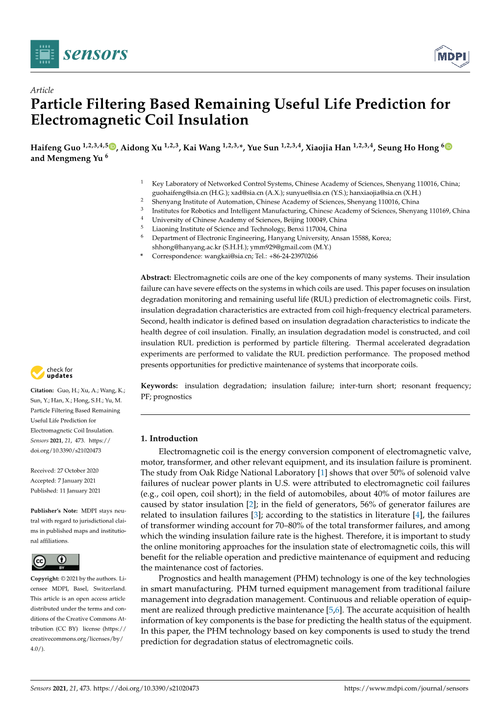 Particle Filtering Based Remaining Useful Life Prediction for Electromagnetic Coil Insulation