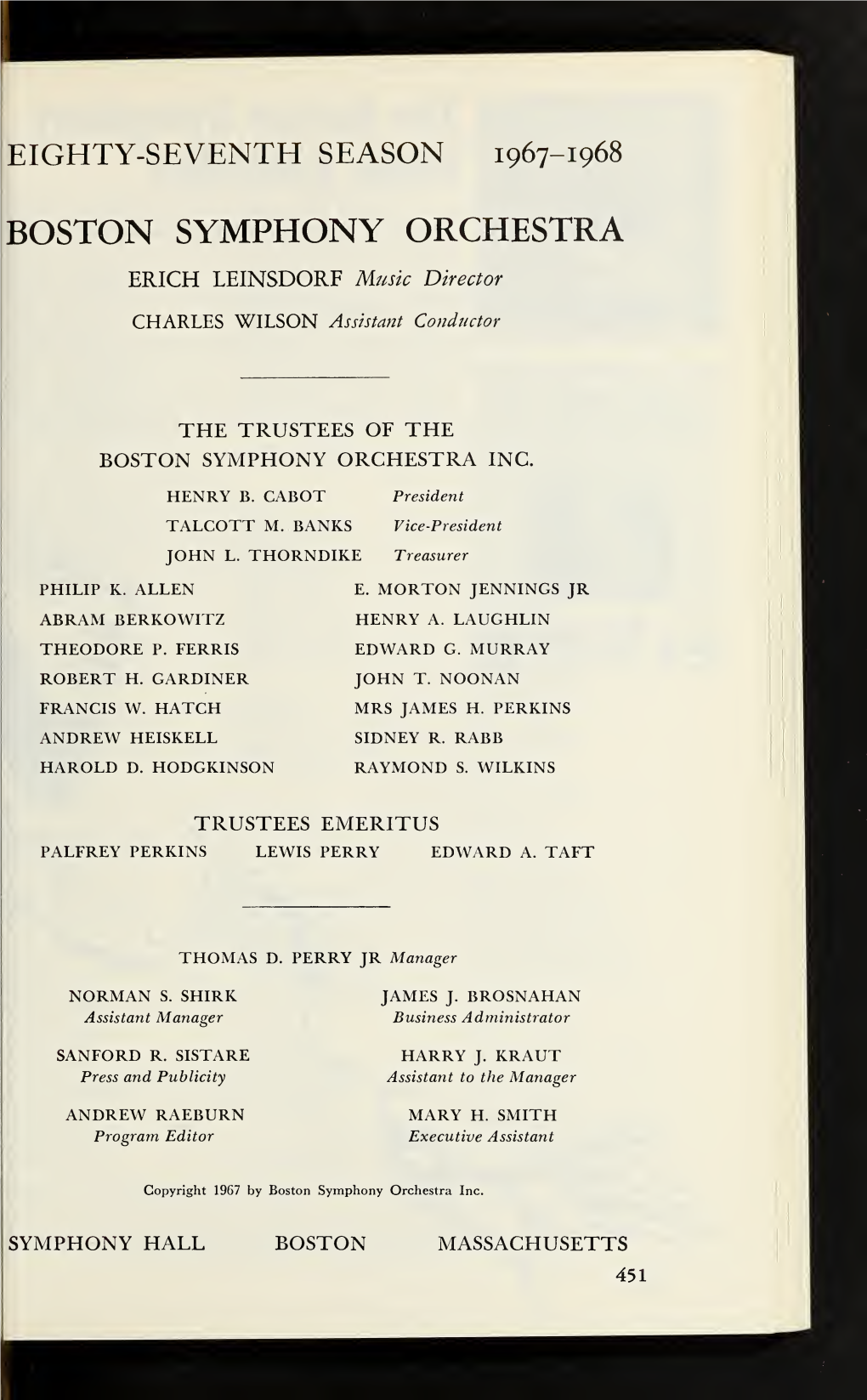 Boston Symphony Orchestra Concert Programs, Season 87, 1967-1968