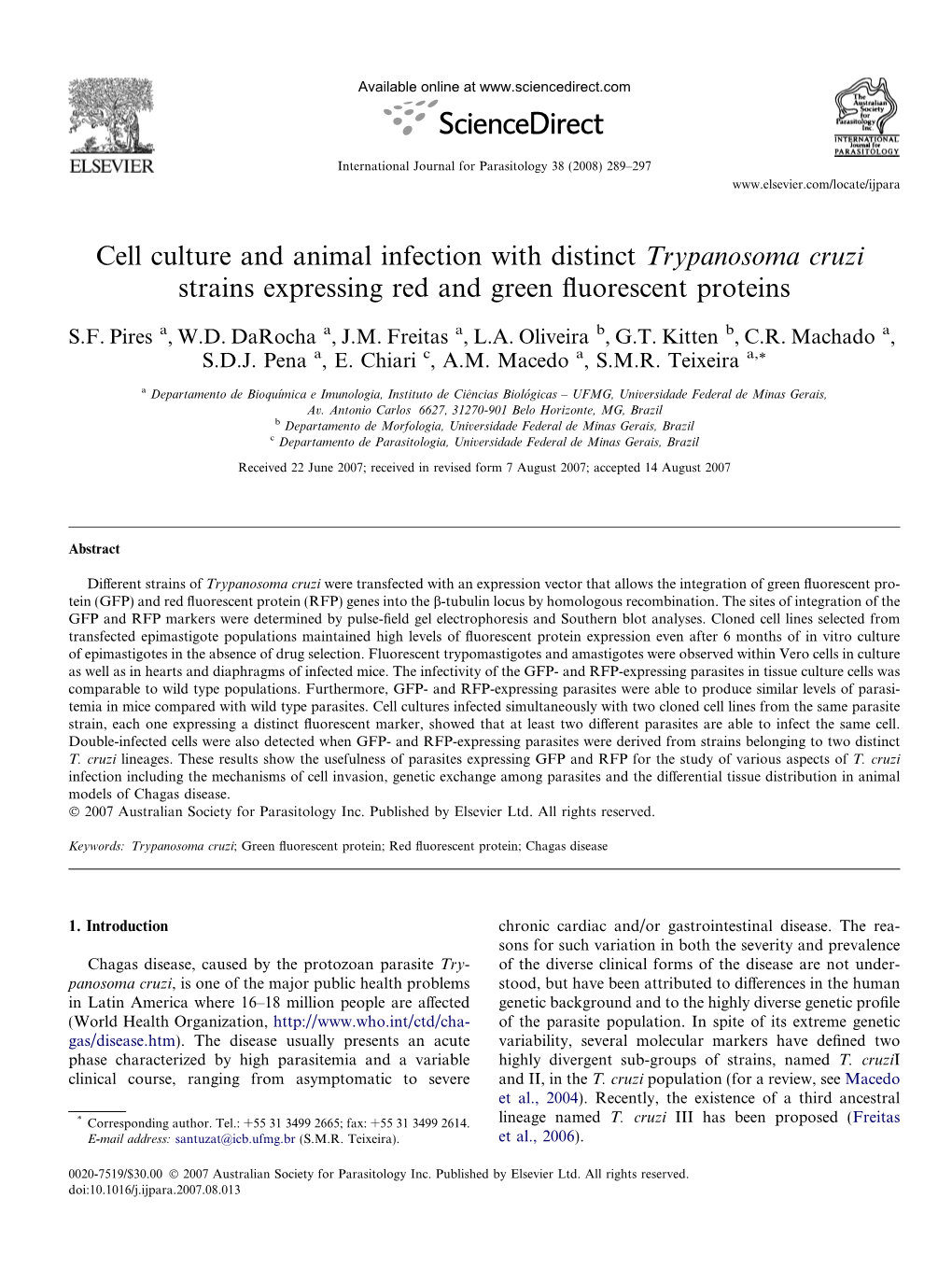 Cell Culture and Animal Infection with Distinct Trypanosoma Cruzi Strains Expressing Red and Green ﬂuorescent Proteins