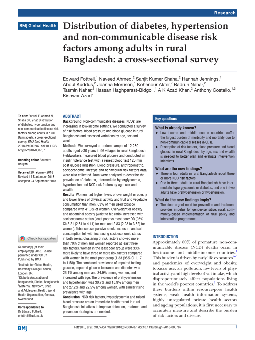 Distribution of Diabetes, Hypertension and Non-Communicable Disease Risk Factors Among Adults in Rural Bangladesh: a Cross-Sectional Survey