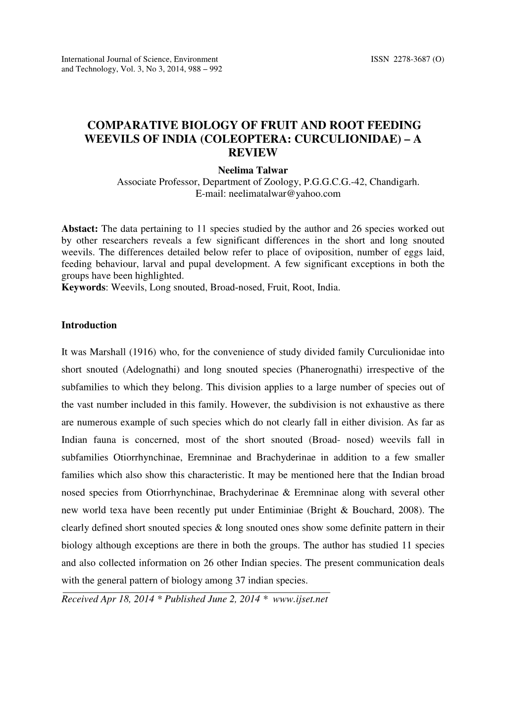 Comparative Biology of Fruit and Root Feeding Weevils of India