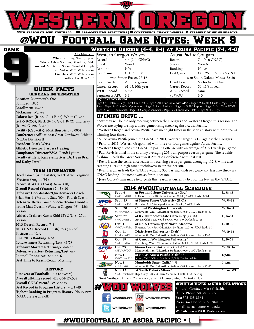 @WOU Football Game Notes: Week 9 Game Western Oregon (4-4, 2-1) at Azusa Pacific (7-1, 4-0) at a Glance