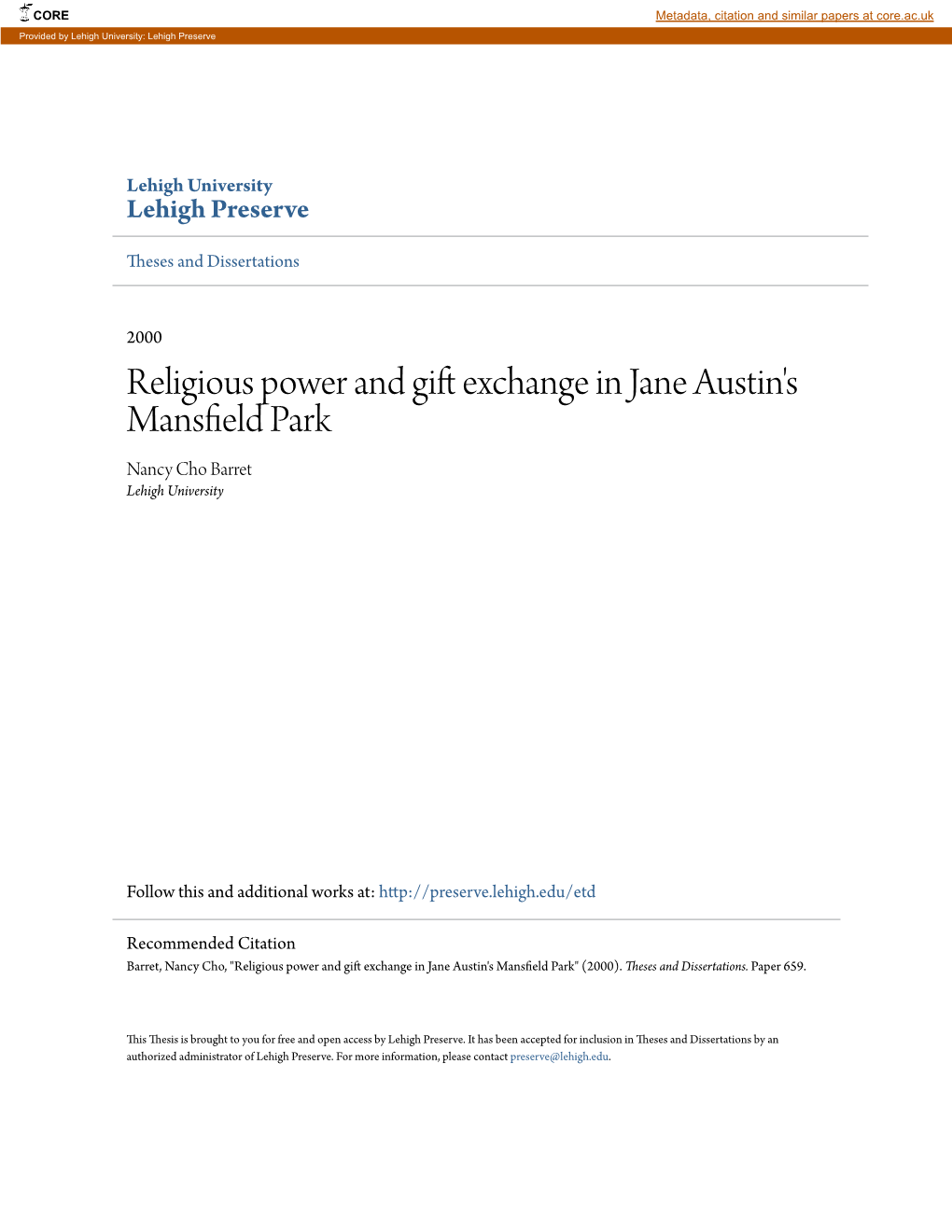 Religious Power and Gift Exchange in Jane Austin's Mansfield Park" (2000)