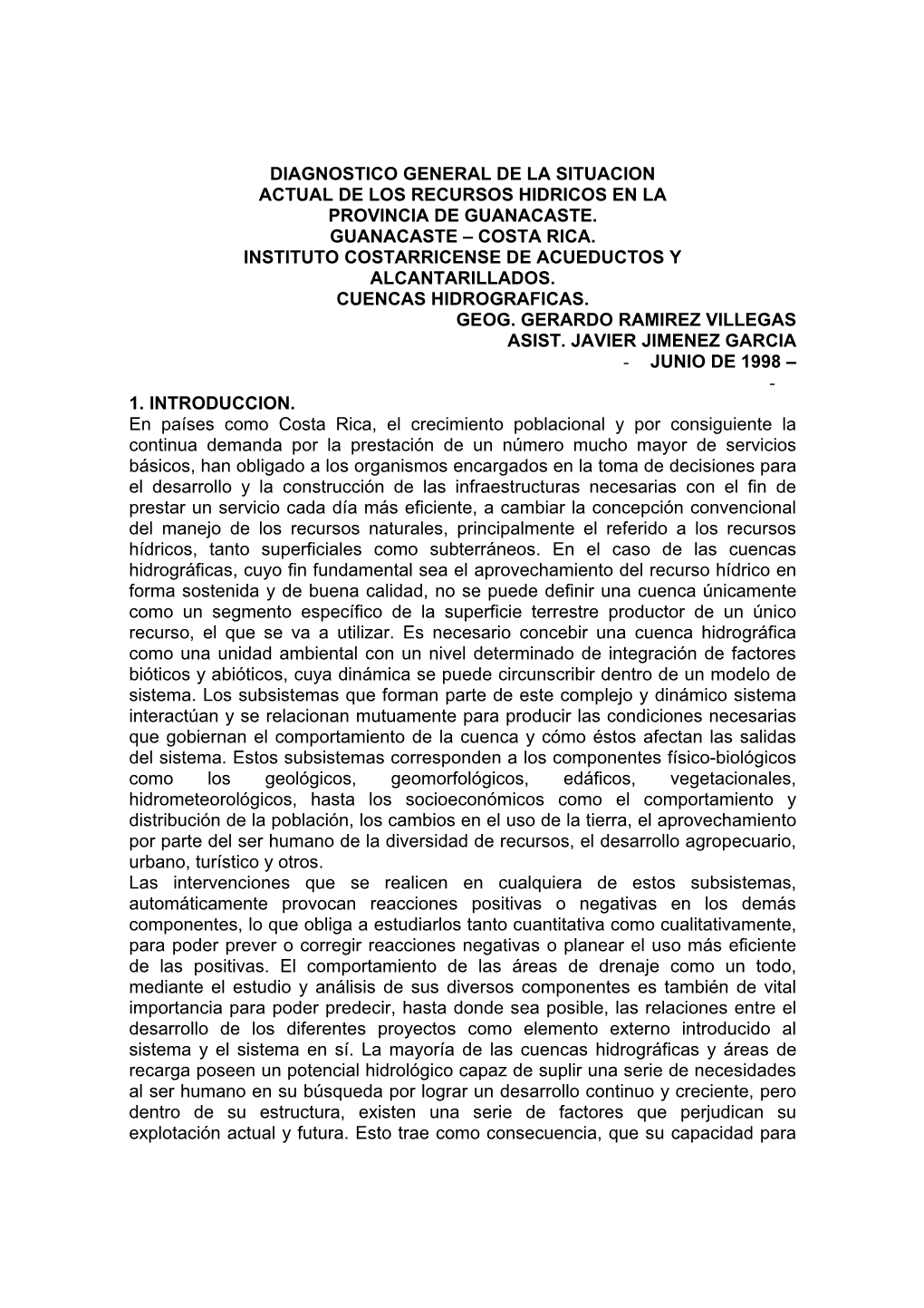 Diagnostico General De La Situacion Actual De Los Recursos Hidricos En La Provincia De Guanacaste