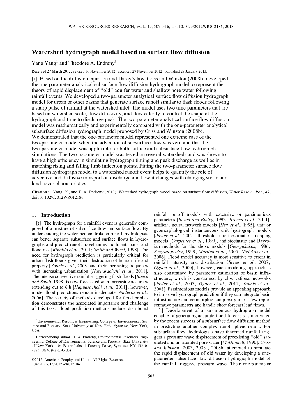 Watershed Hydrograph Model Based on Surface Flow Diffusion Yang Yang1 and Theodore A