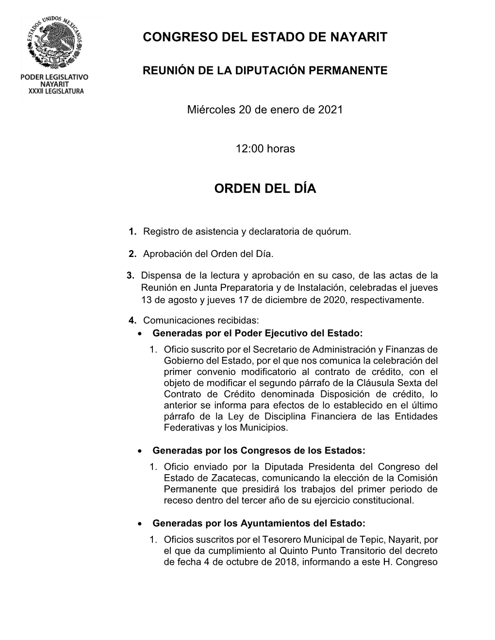 Congreso Del Estado De Nayarit Orden Del