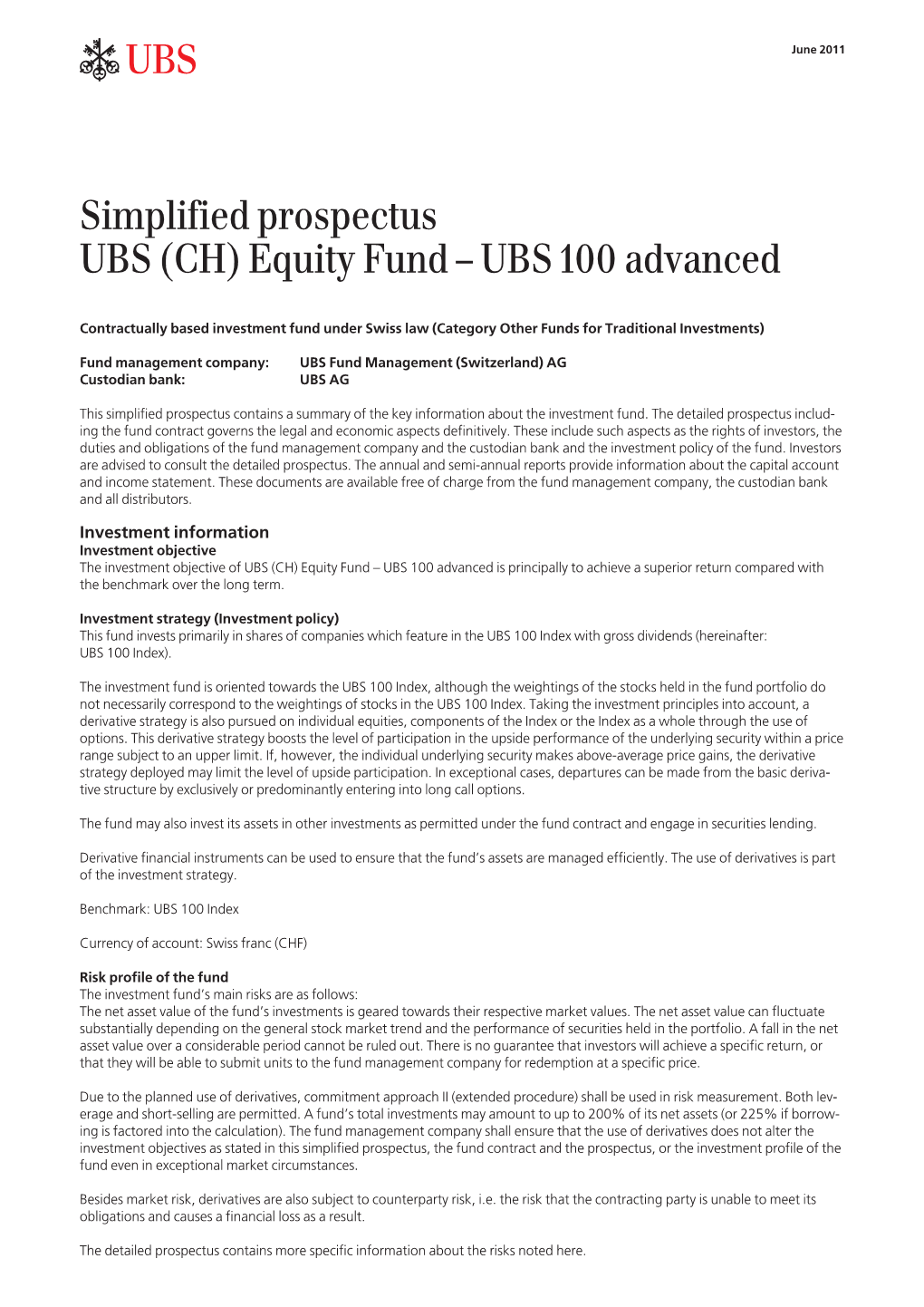 Simplified Prospectus UBS (CH) Equity Fund – UBS 100 Advanced