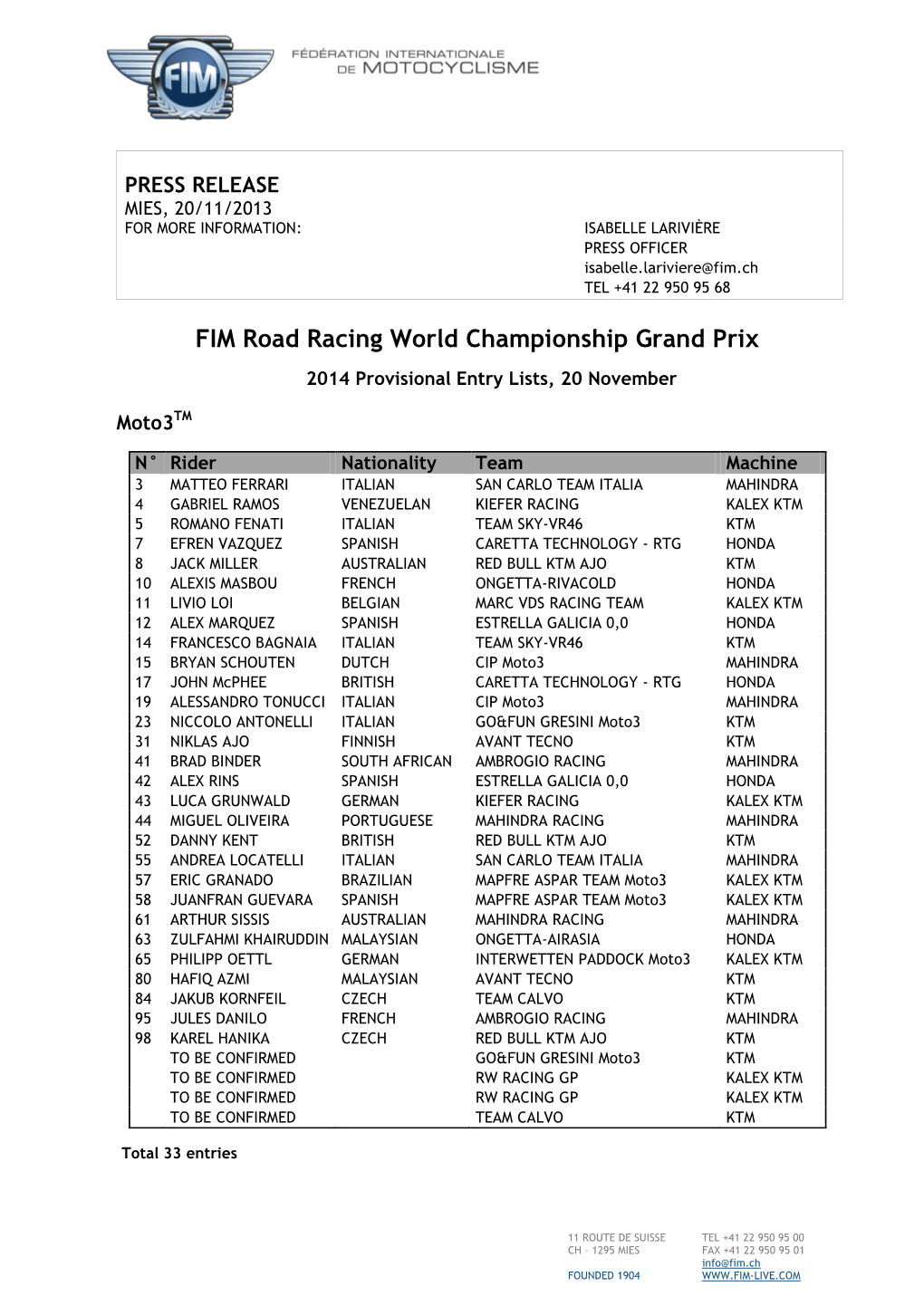 FIM Road Racing World Championship Grand Prix 2014 Provisional Entry Lists, 20 November