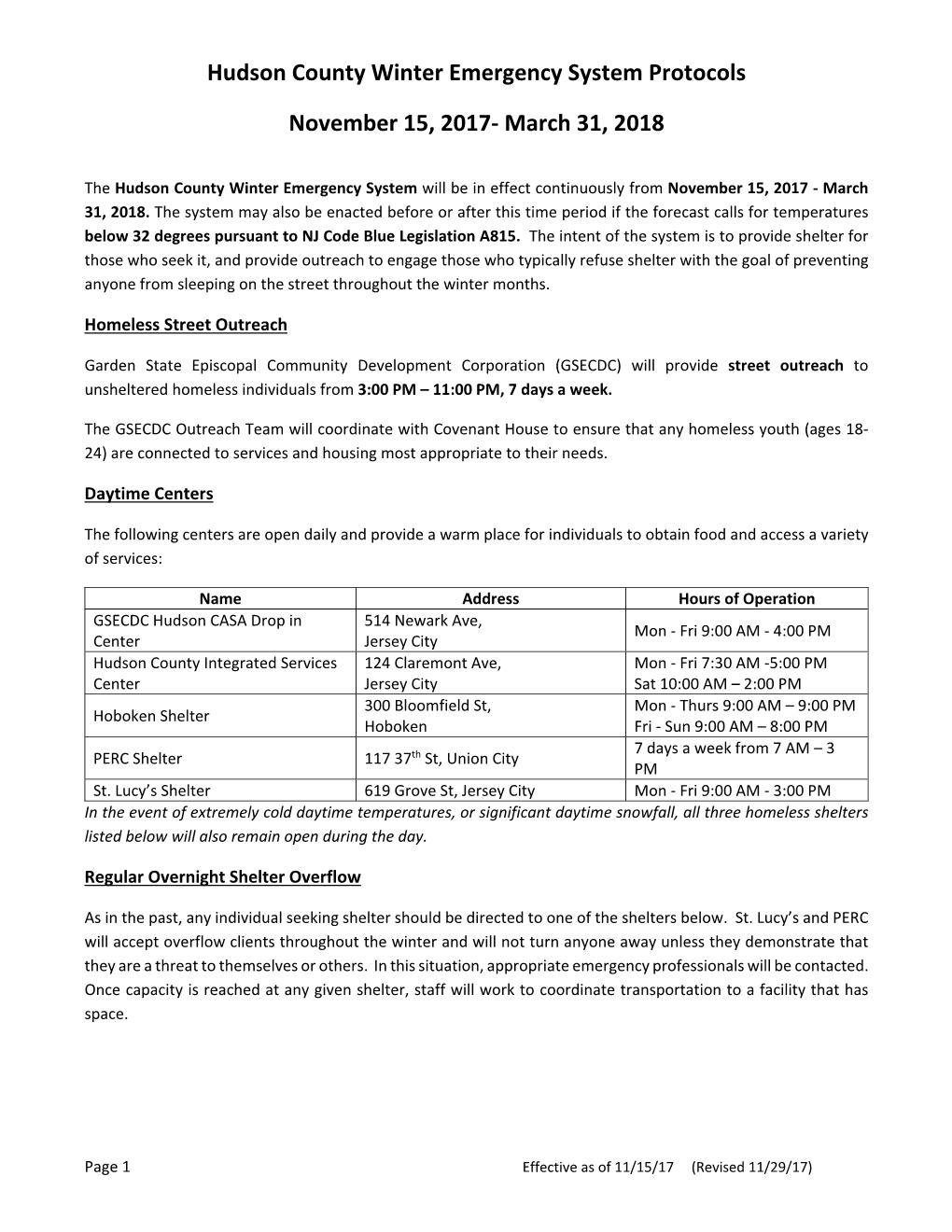 Hudson County Winter Emergency System Protocols