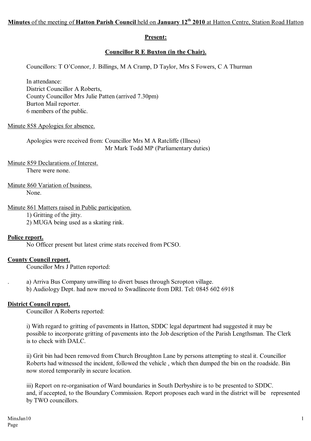 Minutes of the Meeting of Hatton Parish Council Held on January 12 Th 2010 at Hatton Centre, Station Road Hatton