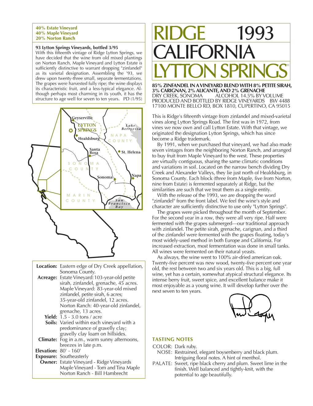 Ridge1 993 California Alifornia Lytton Springs®