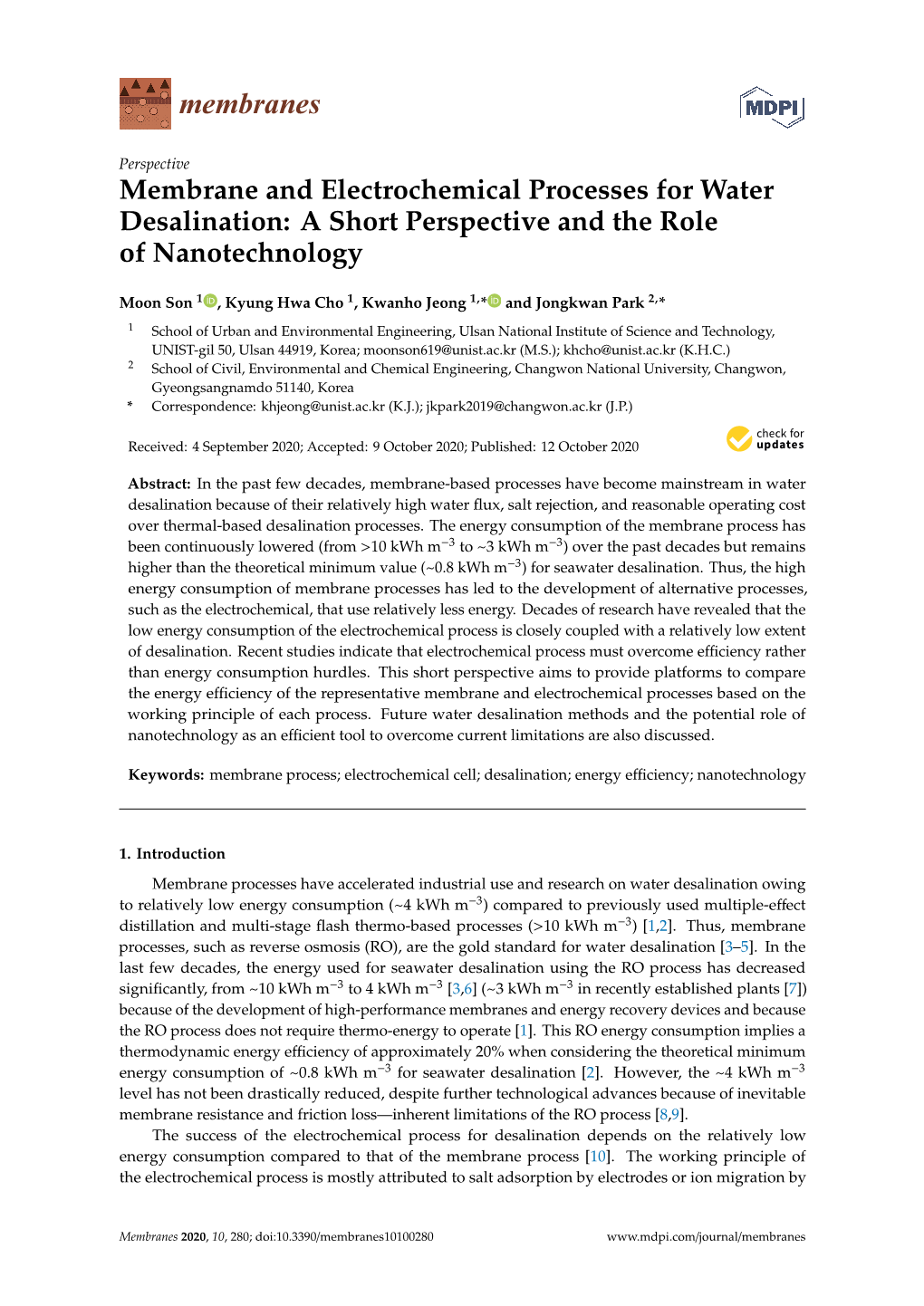 Membrane and Electrochemical Processes for Water Desalination: a Short Perspective and the Role of Nanotechnology