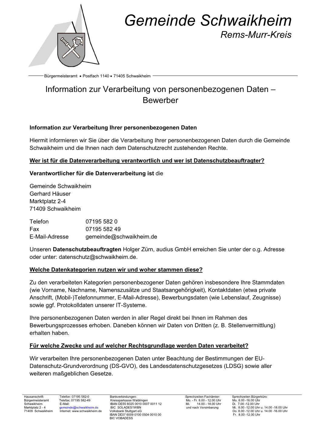 Information Zur Verarbeitung Von Personenbezogenen Daten – Bewerber