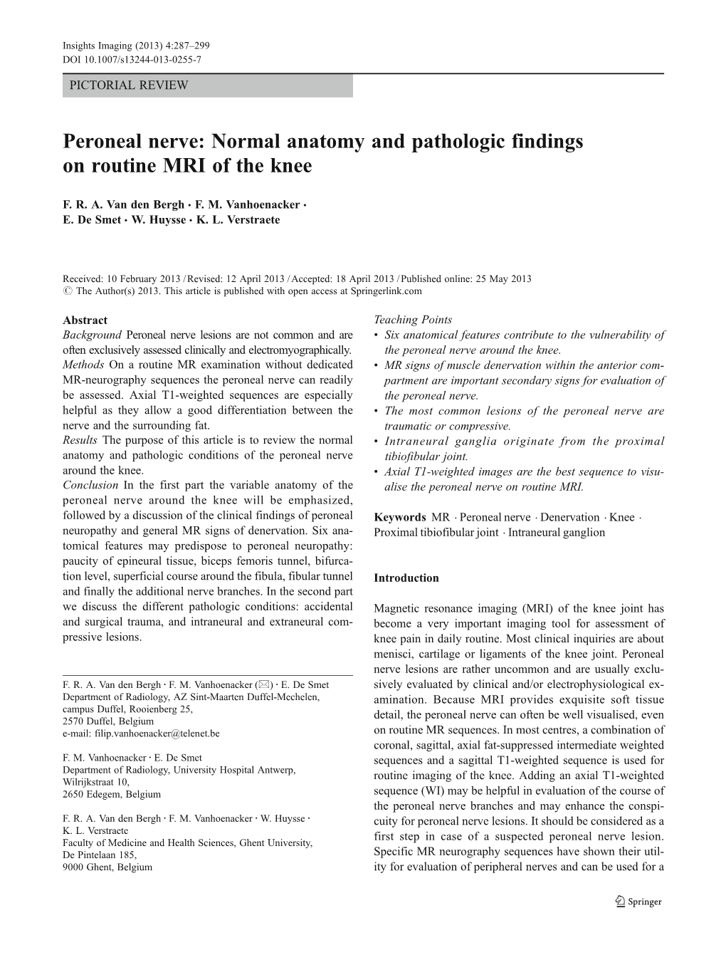 Peroneal Nerve: Normal Anatomy and Pathologic Findings on Routine MRI of the Knee