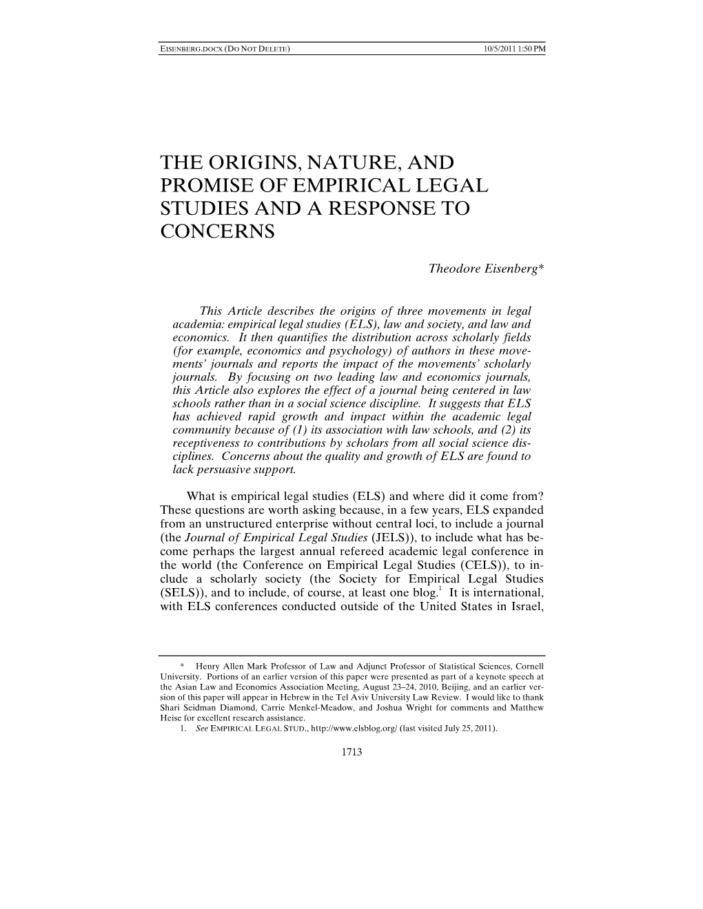 The Origins, Nature, and Promise of Empirical Legal Studies and a Response to Concerns