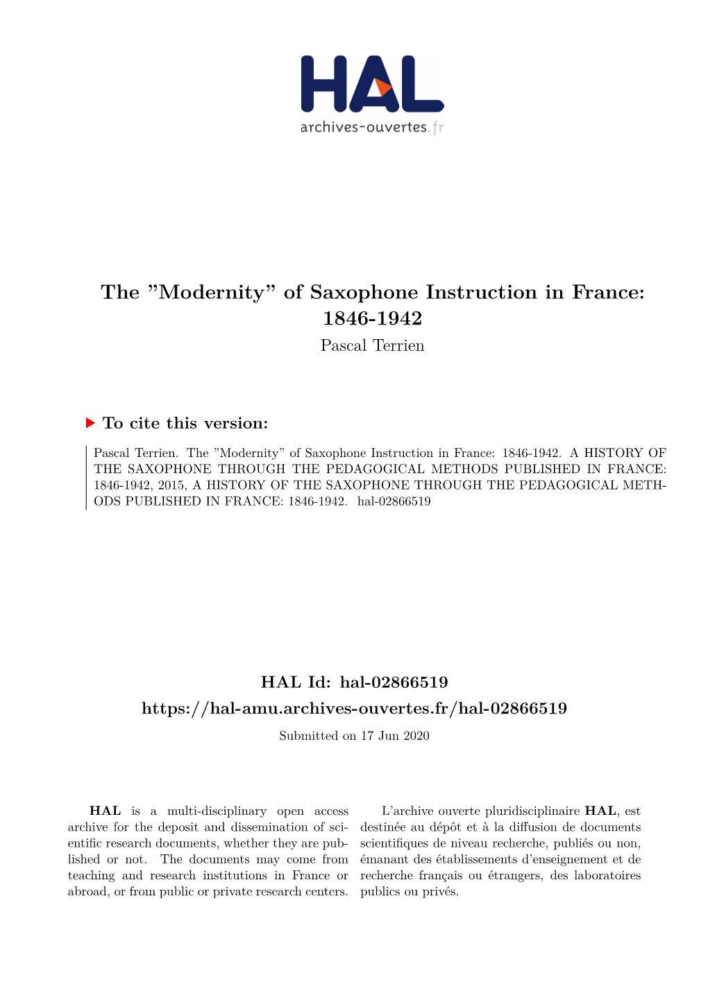 Of Saxophone Instruction in France: 1846-1942 Pascal Terrien