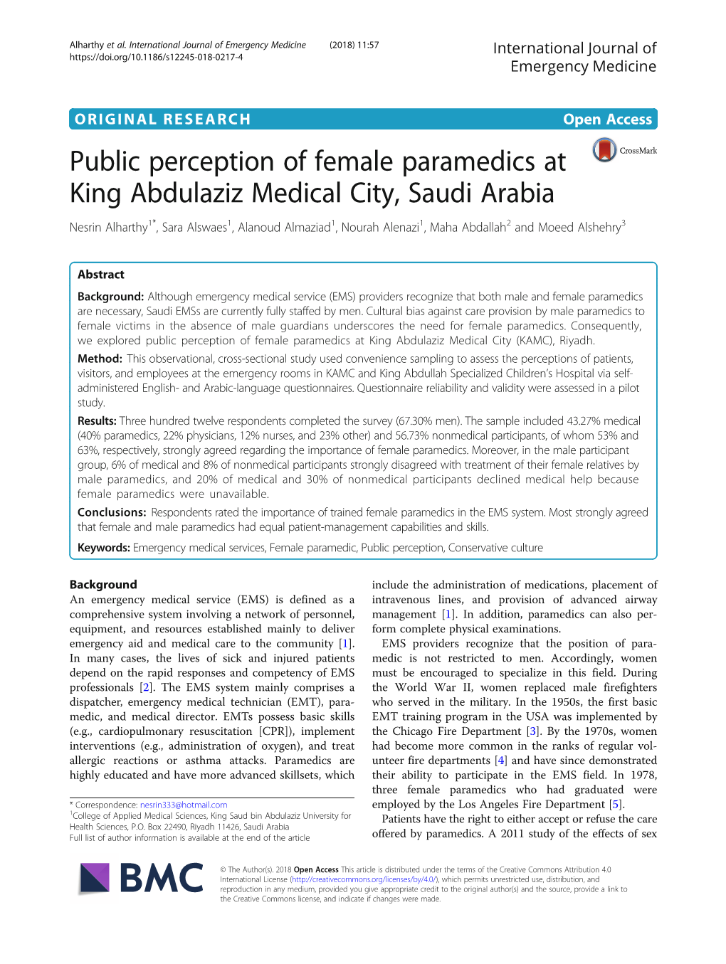 Public Perception of Female Paramedics at King Abdulaziz