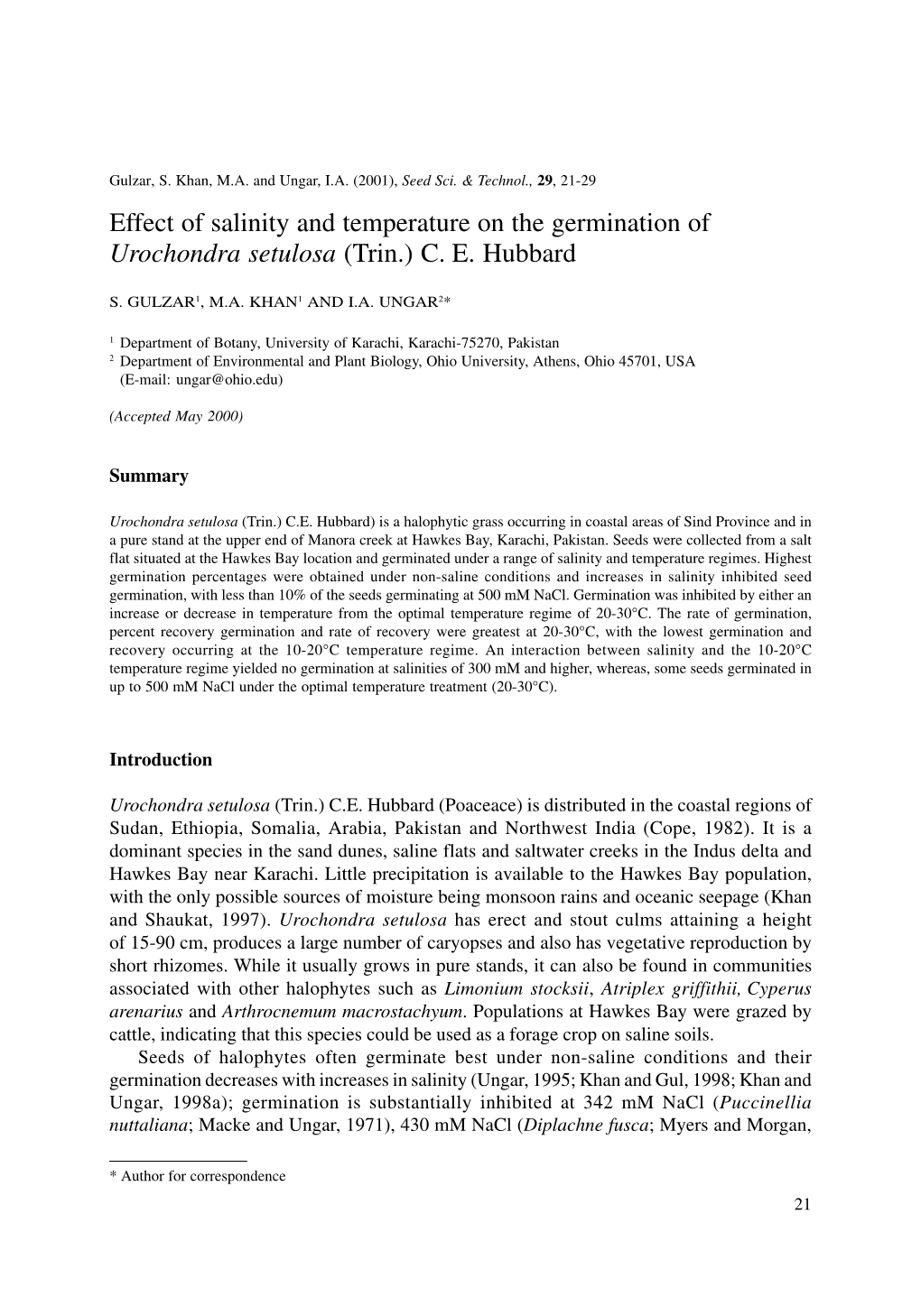 Effect of Salinity and Temperature on the Germination of Urochondra Setulosa (Trin.) C