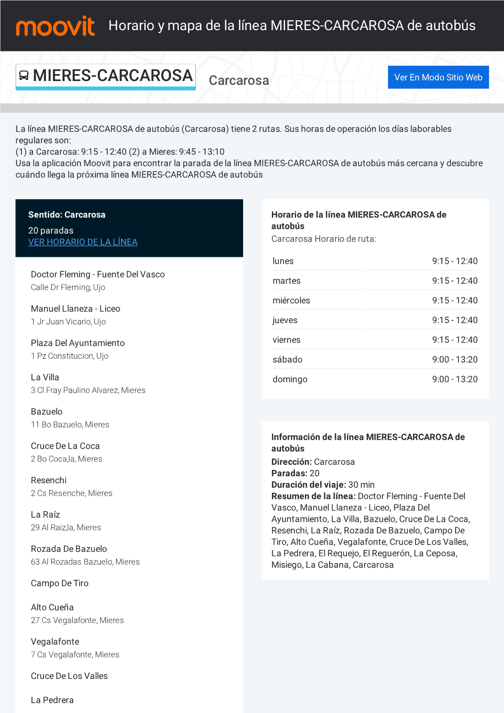 Horario Y Mapa De La Línea MIERES-CARCAROSA De Autobús