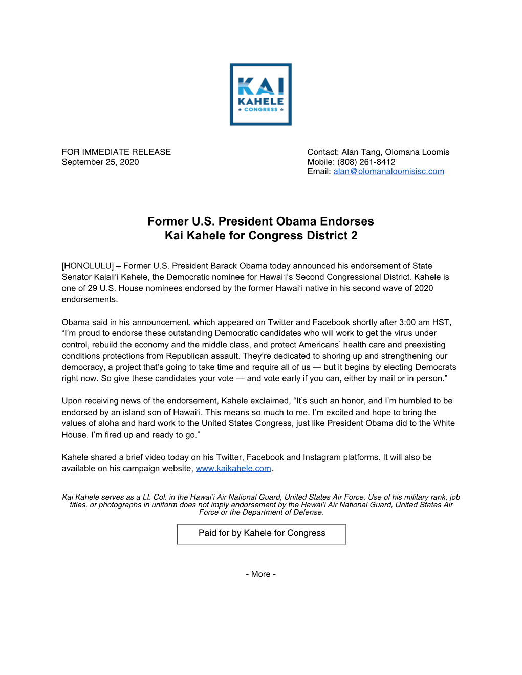 Former U.S. President Obama Endorses Kai Kahele for Congress District 2