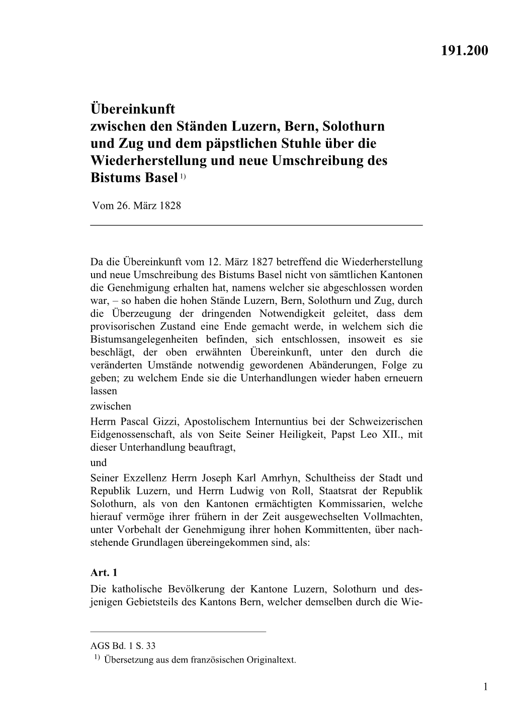 191.200 Übereinkunft Zwischen Den Ständen Luzern, Bern, Solothurn