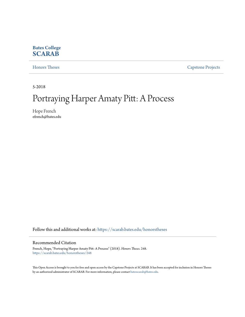 Portraying Harper Amaty Pitt: a Process Hope French Efrench@Bates.Edu