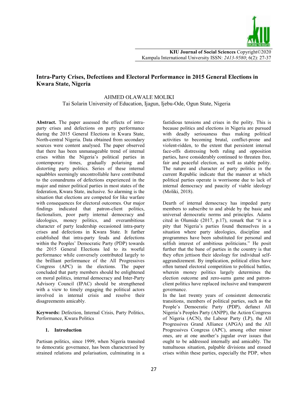 Intra-Party Crises, Defections and Electoral Performance in 2015 General Elections in Kwara State, Nigeria