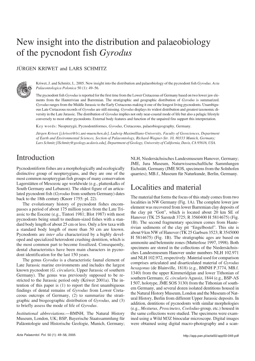 New Insight Into the Distribution and Palaeobiology of the Pycnodont Fish Gyrodus