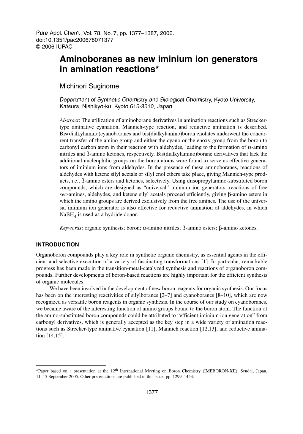 Aminoboranes As New Iminium Ion Generators in Amination Reactions*