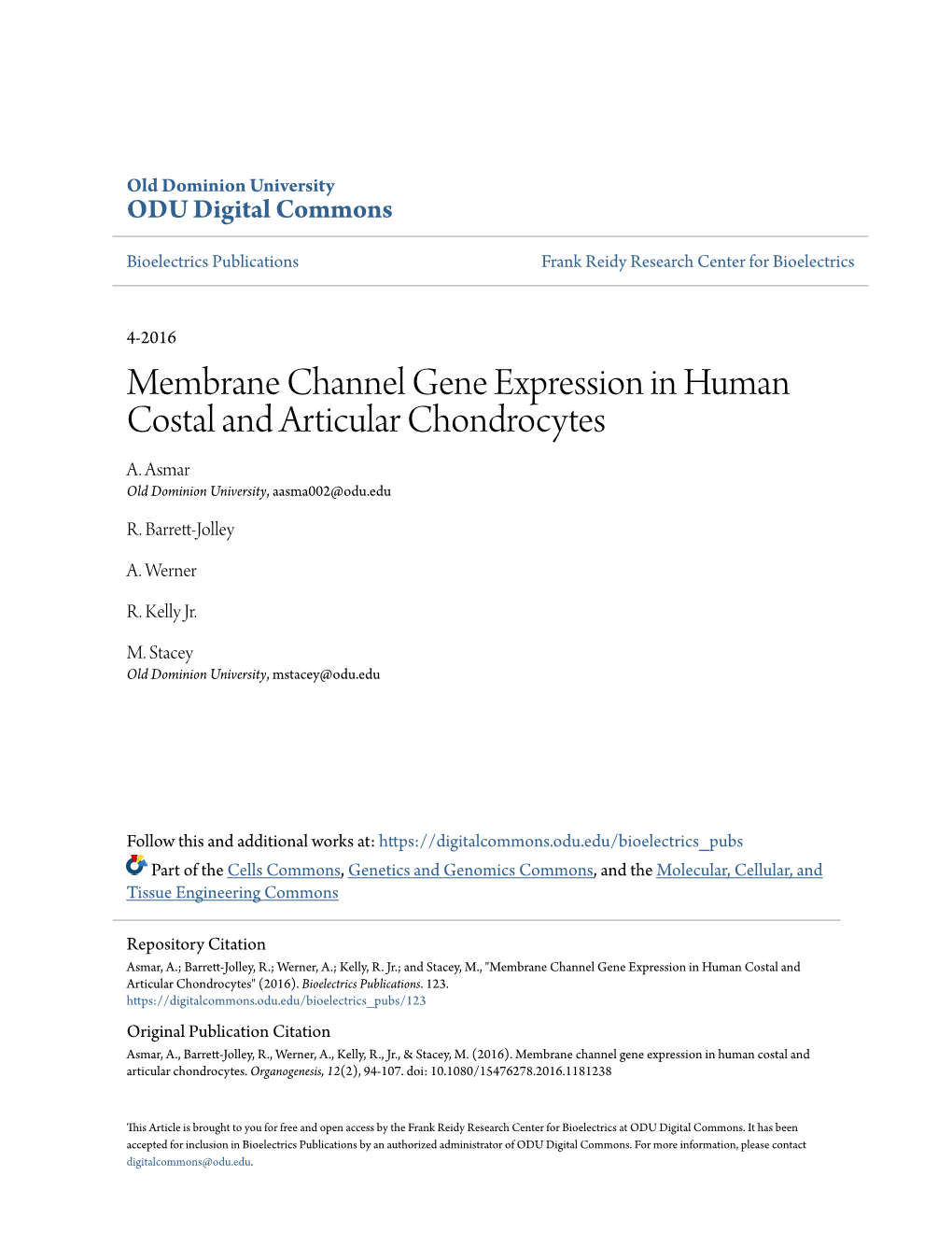 Membrane Channel Gene Expression in Human Costal and Articular Chondrocytes A