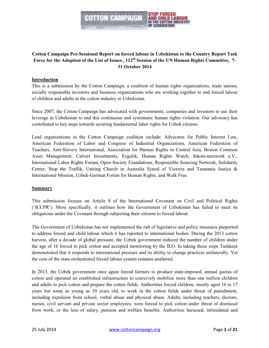 25 July 2014 Page 1 of 21 Detained Uzbek Human Rights Defenders Who Attempted to Monitor the Harvest