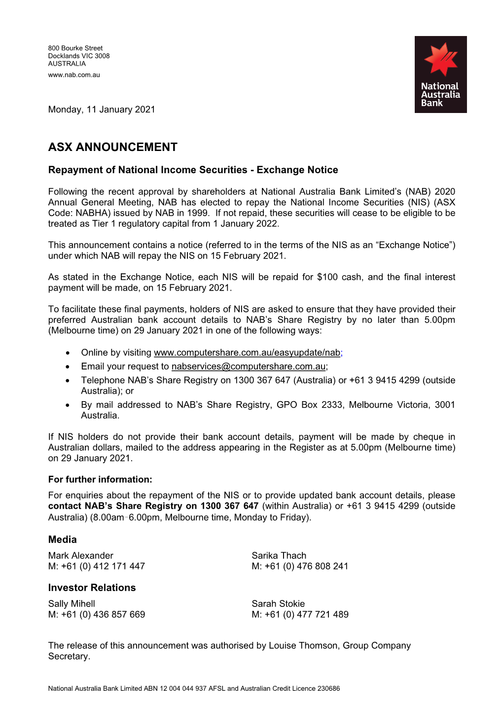 Repayment of National Income Securities - Exchange Notice