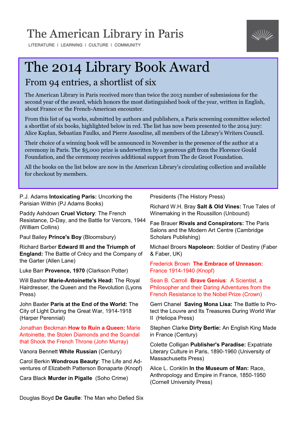 The 2014 Library Book Award