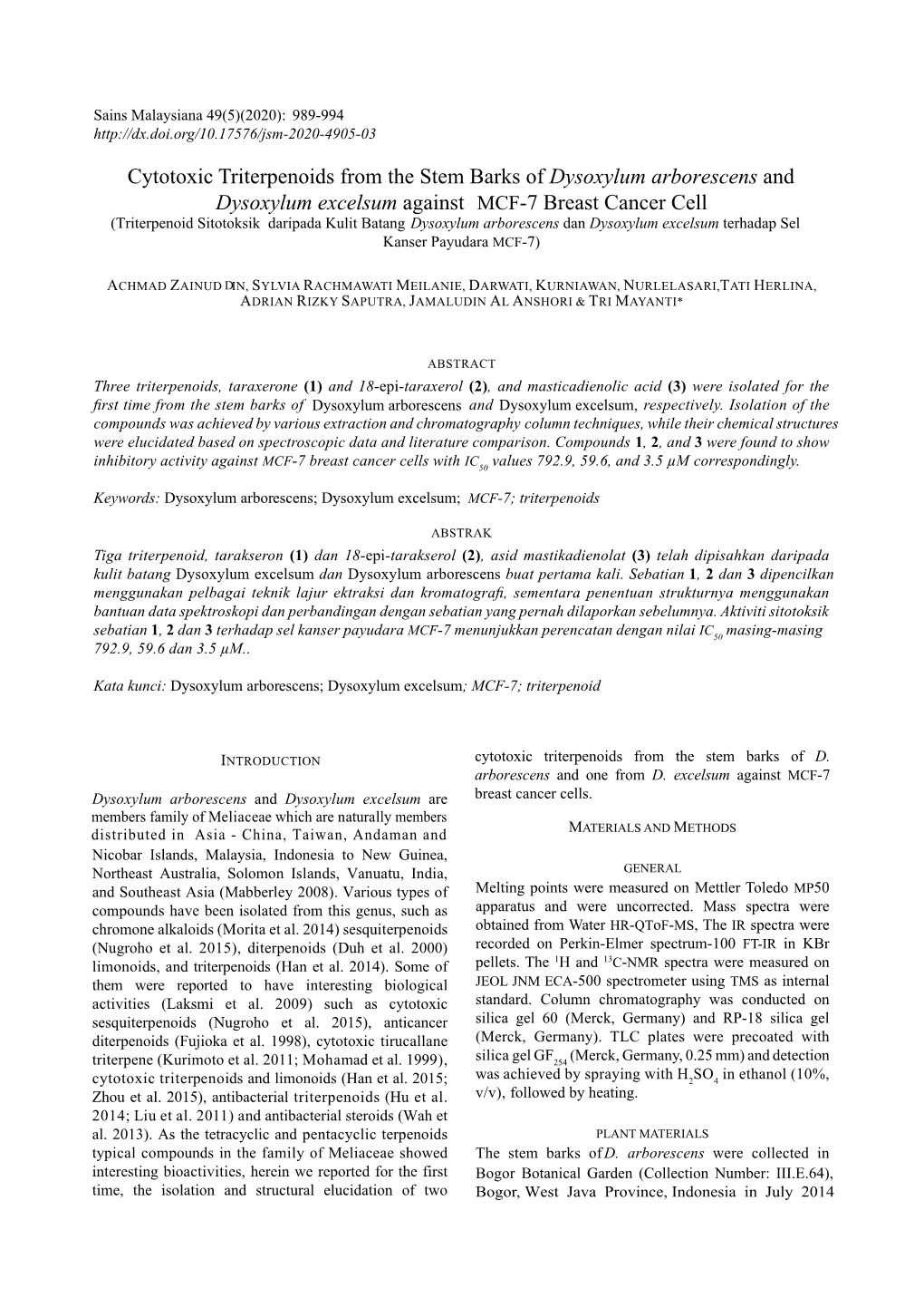 Cytotoxic Triterpenoids from the Stem Barks of Dysoxylum Arborescens