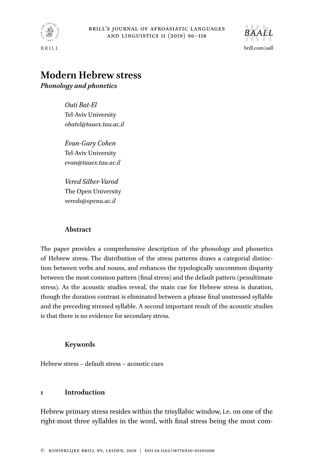 Modern Hebrew Stress Phonology and Phonetics