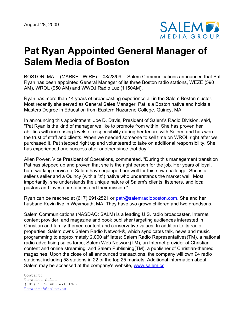 Pat Ryan Appointed General Manager of Salem Media of Boston