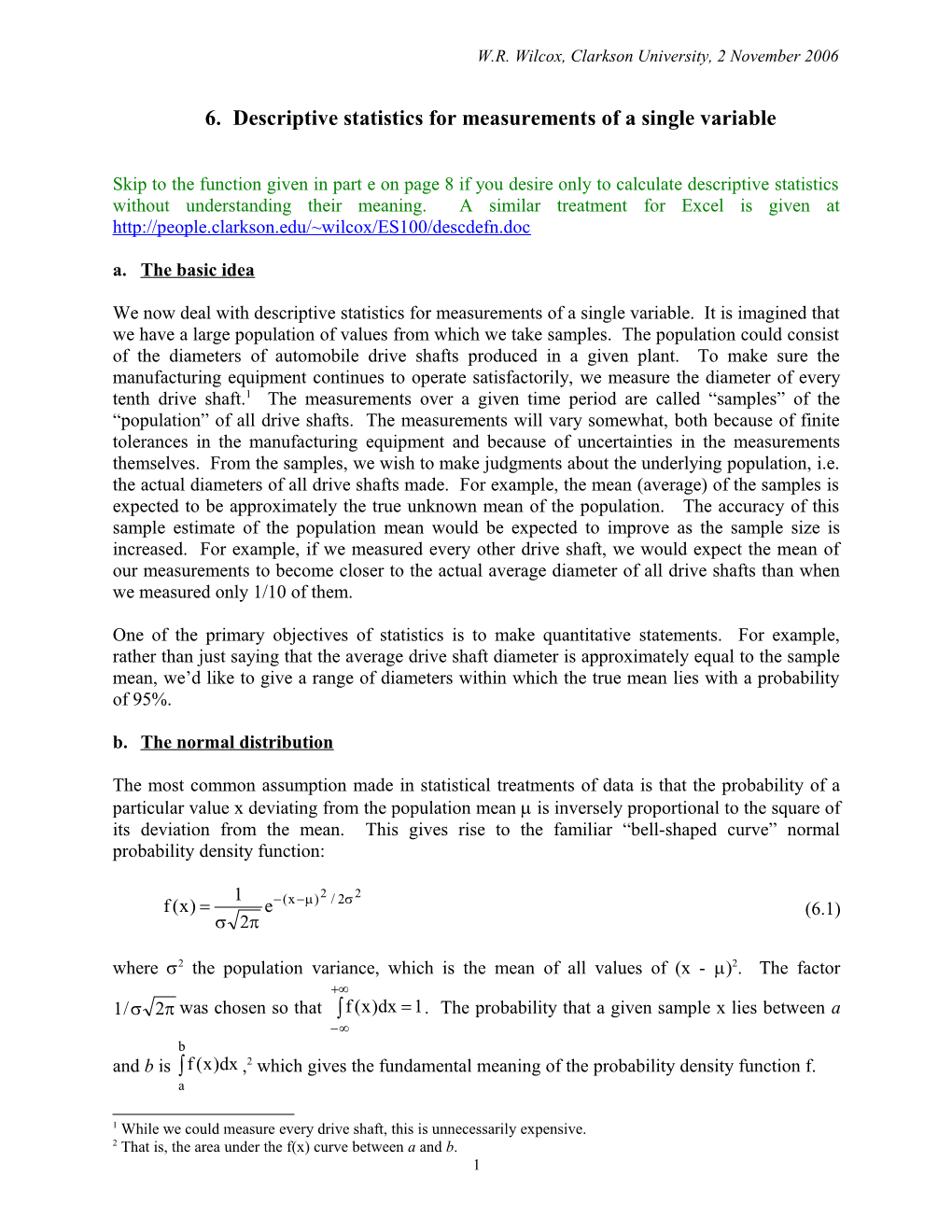 Descriptive Statistics For Measurements Of A Single Variable